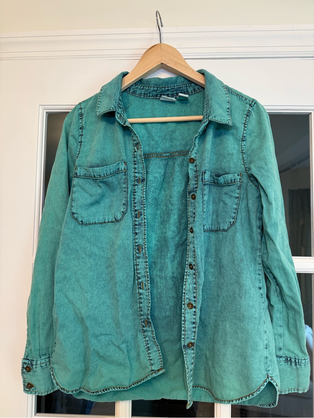 Teal Washed Denim Shirt Jacket - Lightweight Button-Up
